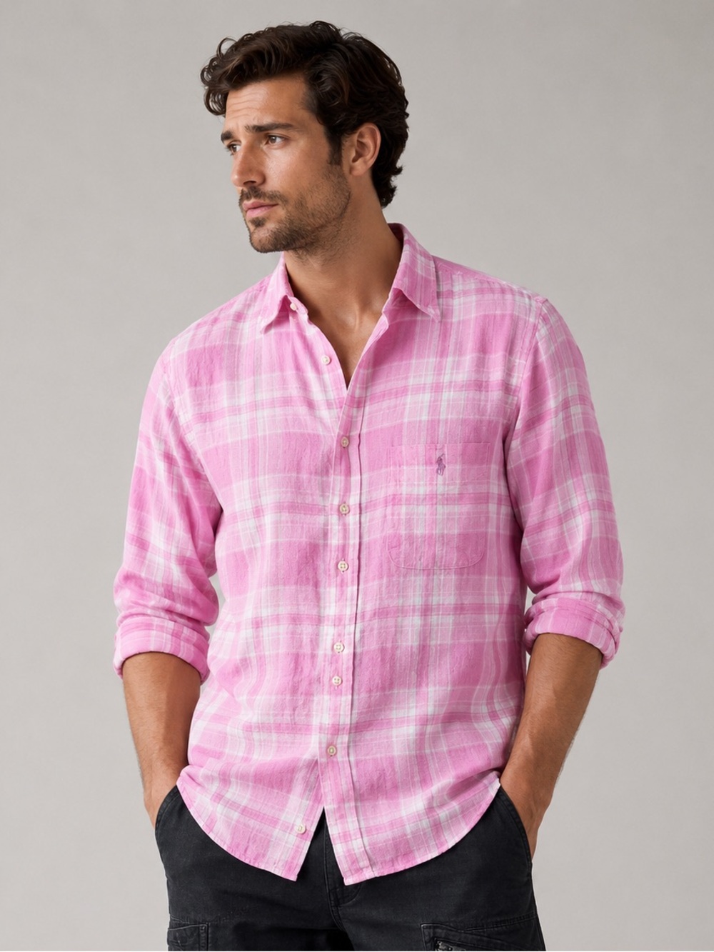 Polo Ralph Lauren Men Pink Plaid 100% Linen Shirt Classic Size M Preppy Resort